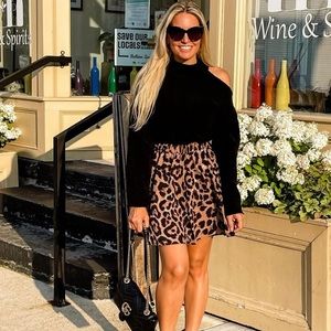 Revolve style Black sweater with cutout shoulder